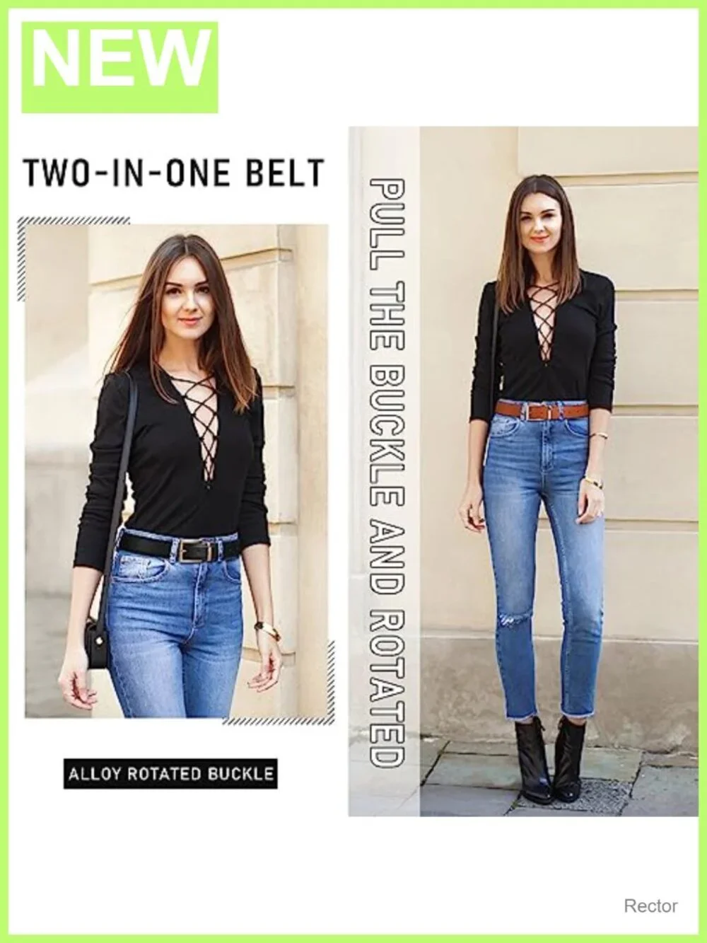 Women's Reversible PU Leather Belt with Rotated Buckle, Two-in-One in One Strip